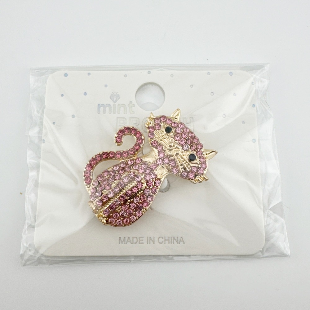 Mint‎ Rhinestone Cat Brooch Pink Crystal Gold Tone